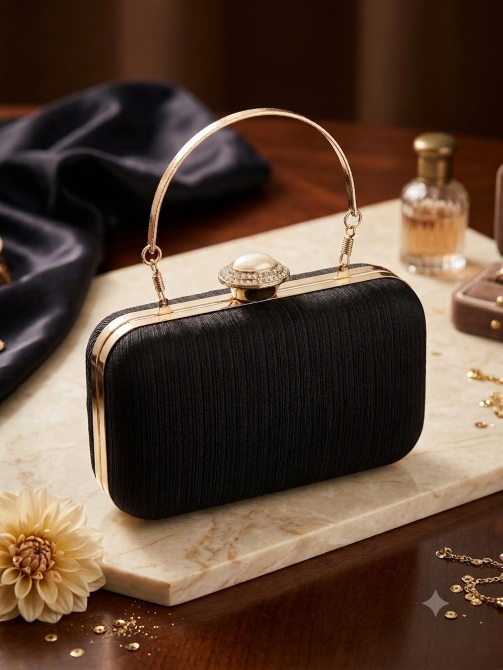 Black Pearl-Embellished Evening Wristlet Clutch